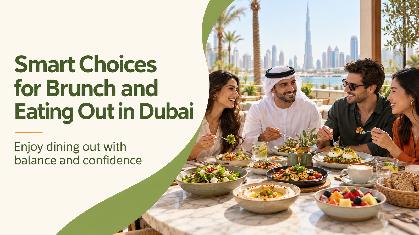 Smart Choices for Brunch and Eating Out in Dubai graphic: friends sharing salads, hummus and grilled dishes at an outdoor brunch with the Dubai skyline