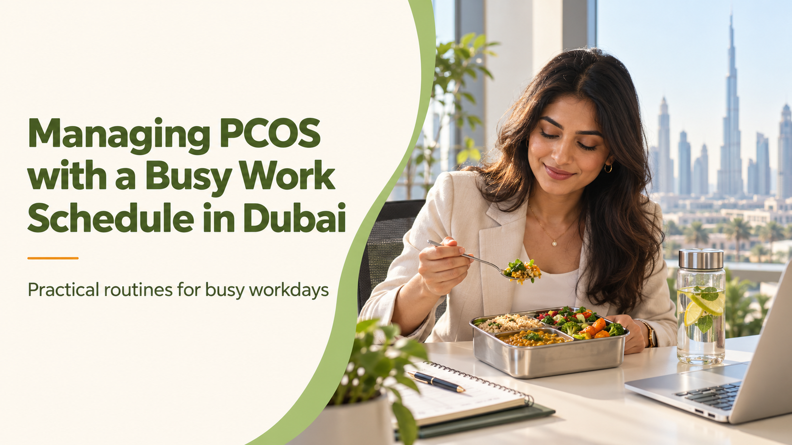 Managing PCOS with a Busy Work Schedule in Dubai graphic: a woman eating a packed balanced lunch at her office desk next to a laptop and water bottle