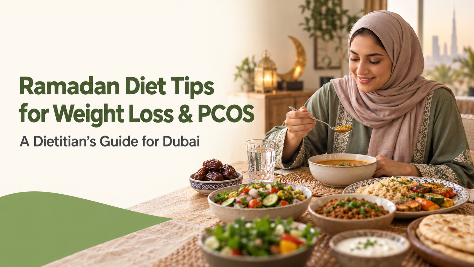 Ramadan Diet Tips for Weight Loss & PCOS graphic: a woman enjoying a balanced iftar with dates, lentil soup, salads and water