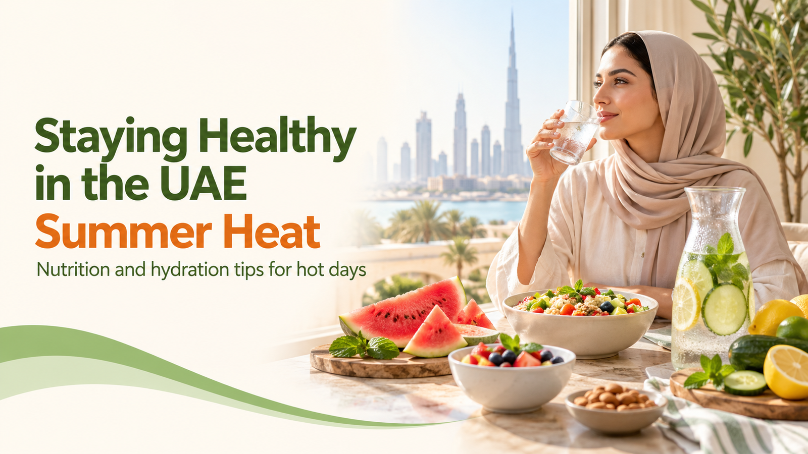 Staying Healthy in the UAE Summer Heat graphic: a woman drinking water beside watermelon, a fruit bowl and cucumber-mint water, with the Dubai skyline behind
